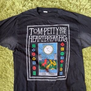 Vintage Tom Petty Black Graphic T-Shirt with Cow and Moon Design